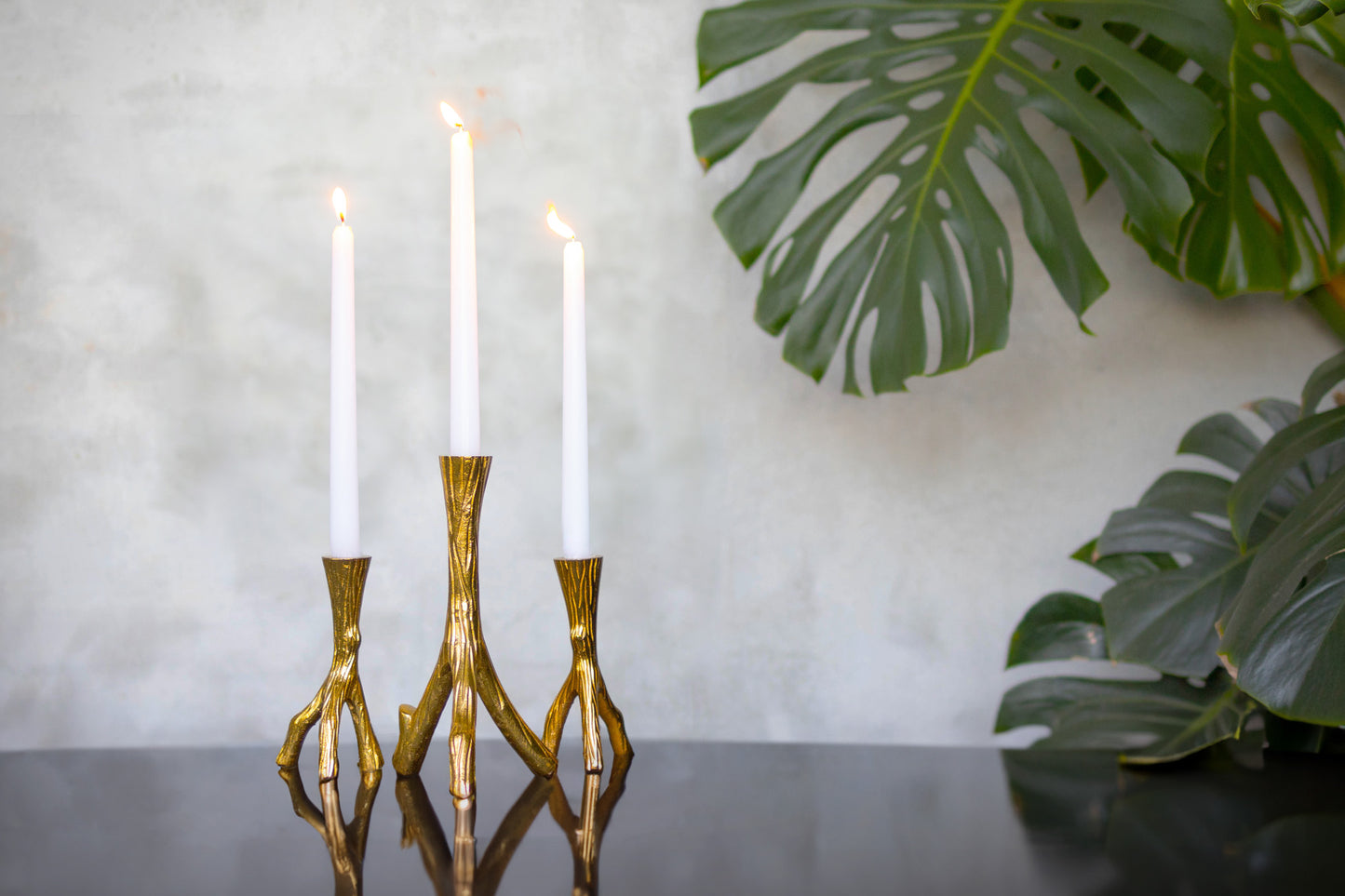 3 golden candle stands with white candles lit against a grey background and monstera leaves at a distance